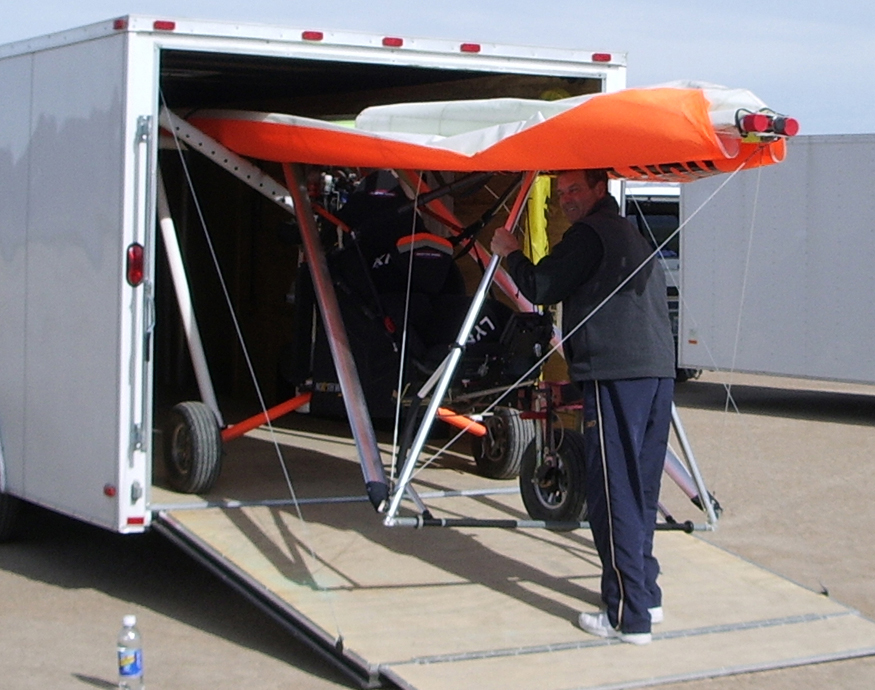 Aviation trike and wing folded into trailer