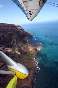 Air Creation Tanarg, wing tip and wheel pant above hawaiian island.